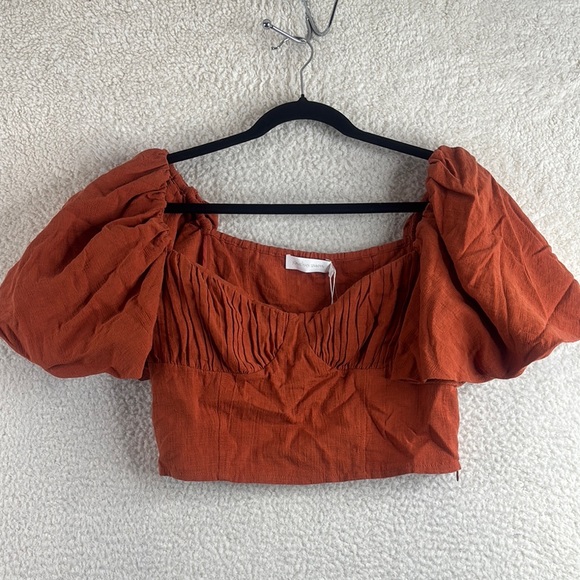 NWT Jonathan Simkhai Womens Orange Jacquard Linen Puff Sleeve Crop Top Size 8 - Picture 2 of 12